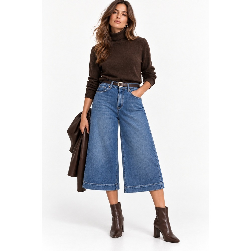 Massimo Dutti Womens High Rise Culotte Wide Leg Crop Jeans Blue Size 4 26